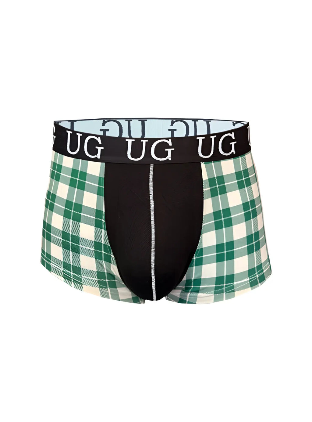 Festive comfort men’s cotton trunk boxer briefs in green and white plaid with a black panel and ug logo waistband