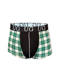 Festive comfort men’s cotton trunk boxer briefs in green and white plaid with a black panel and ug logo waistband