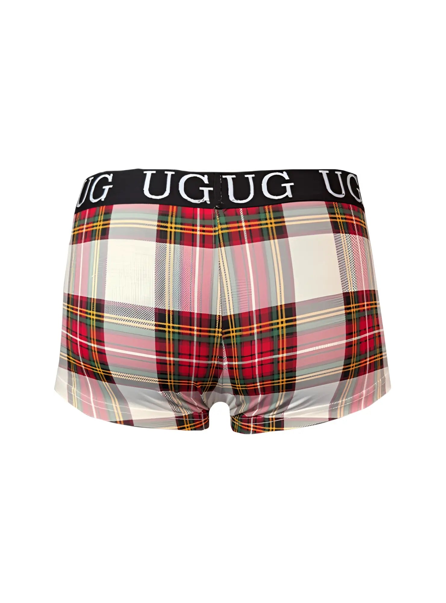 Festive Comfort men’s cotton trunk underwear with plaid pattern red pink and green stripes on white base