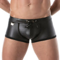 Fetish swim trunks in black patent leather with drawstring waistband and side pockets for stylish beachwear