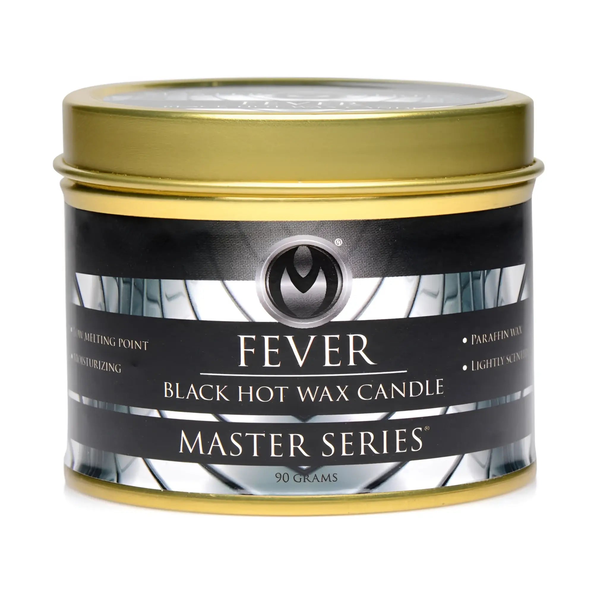 Gold-toned metal tin containing a black fever hot wax candle from the master series for intense fragrance use
