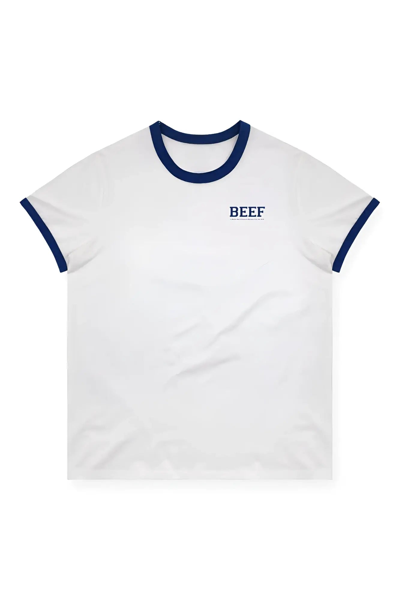 White field-day ringer tee with navy blue collar and sleeve trim featuring small navy beef logo on chest