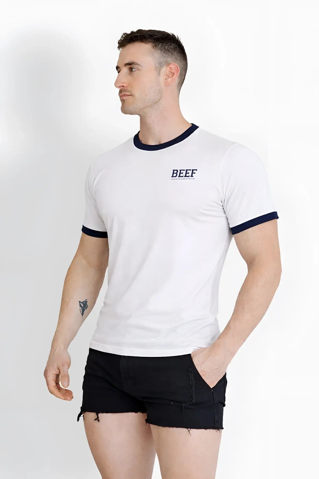 Field-day ringer tee white with blue trim featuring navy collar and cuffs and black beef logo embroidery on left chest