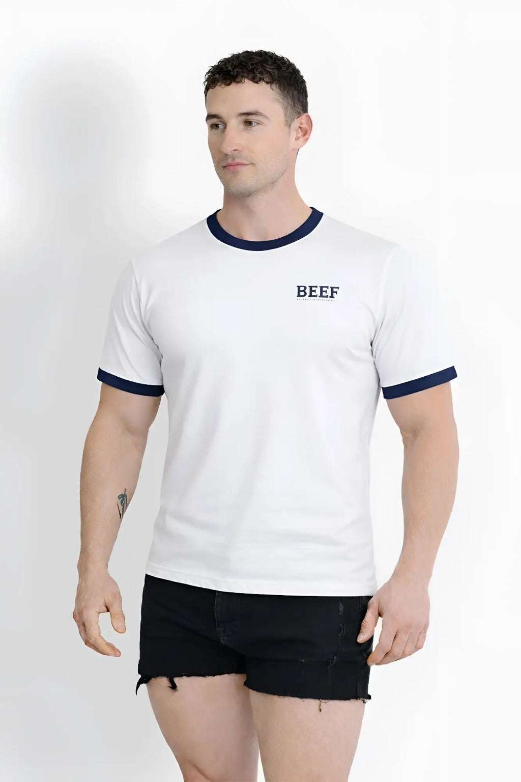White field-day ringer tee with navy blue trim and beef logo on chest in soft cotton for casual wear