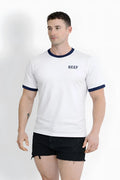 White field-day ringer tee with navy blue trim and beef logo on chest in soft cotton for casual wear