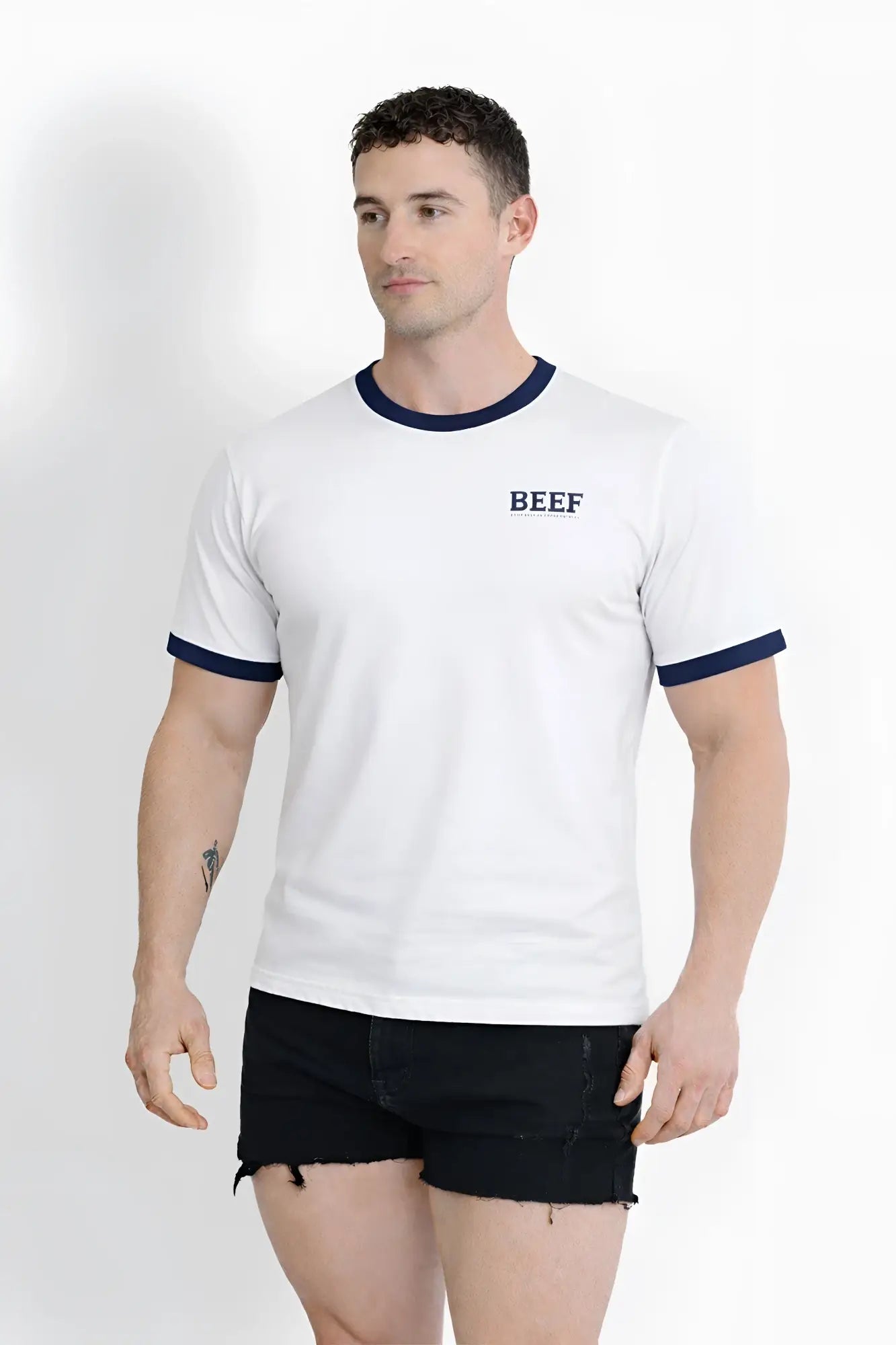 White field-day ringer tee with navy blue trim and beef logo on chest in soft cotton for casual wear