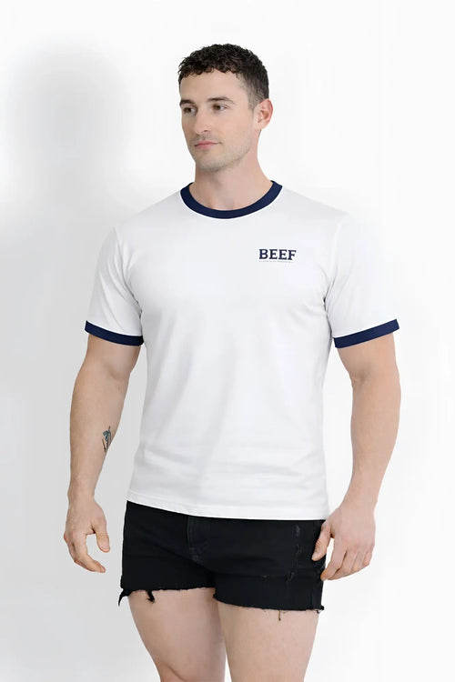 White field-day ringer tee with navy blue trim and beef logo on chest in soft cotton for casual wear