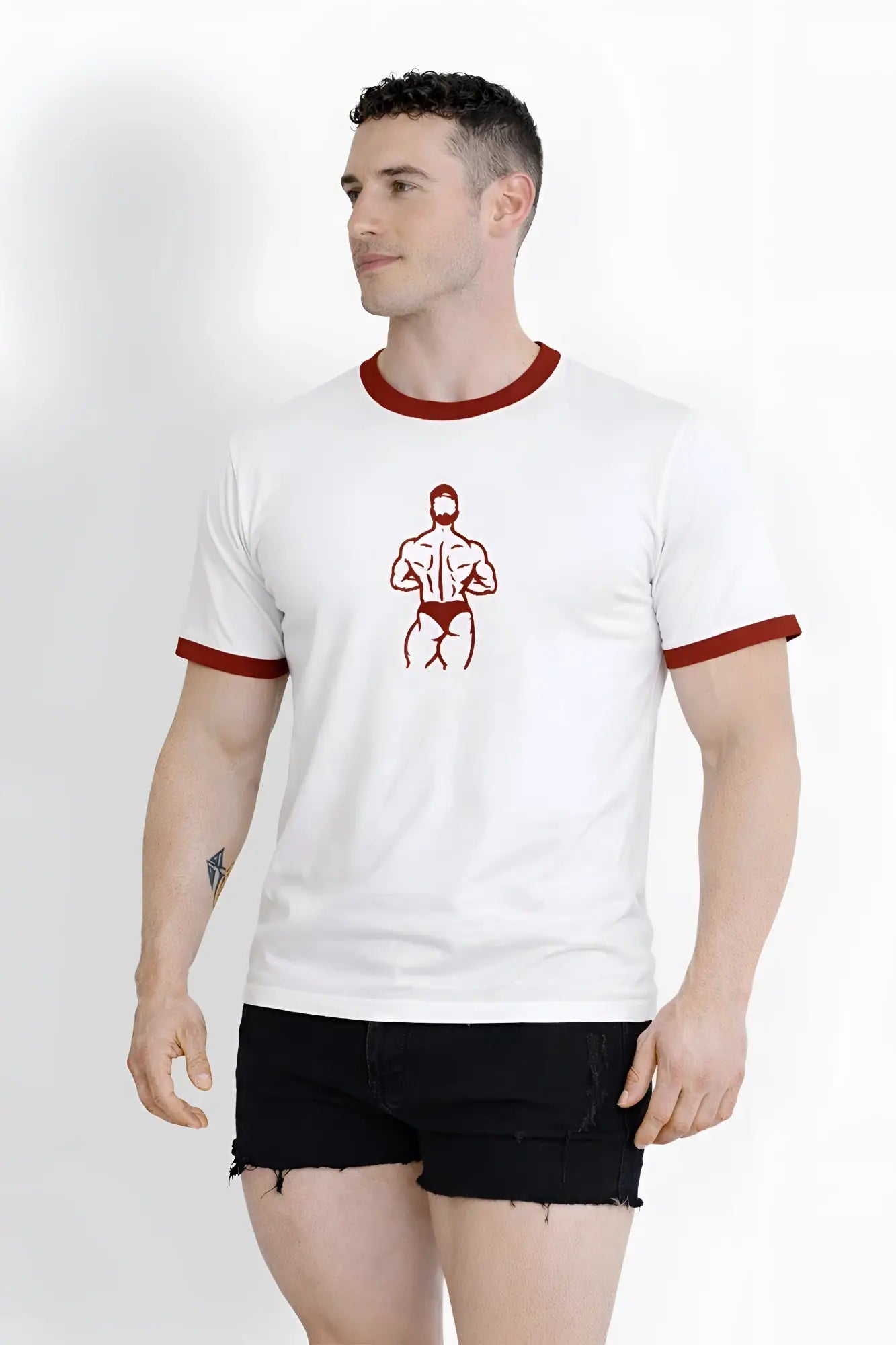 Field-day ringer tee white with red trim featuring a minimalist red outline graphic of a muscular figure