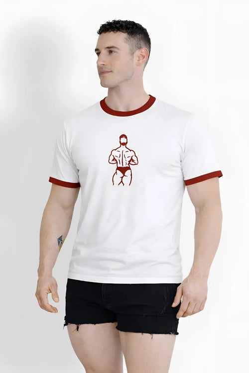 Field-day ringer tee white with red trim featuring a minimalist red outline graphic of a muscular figure