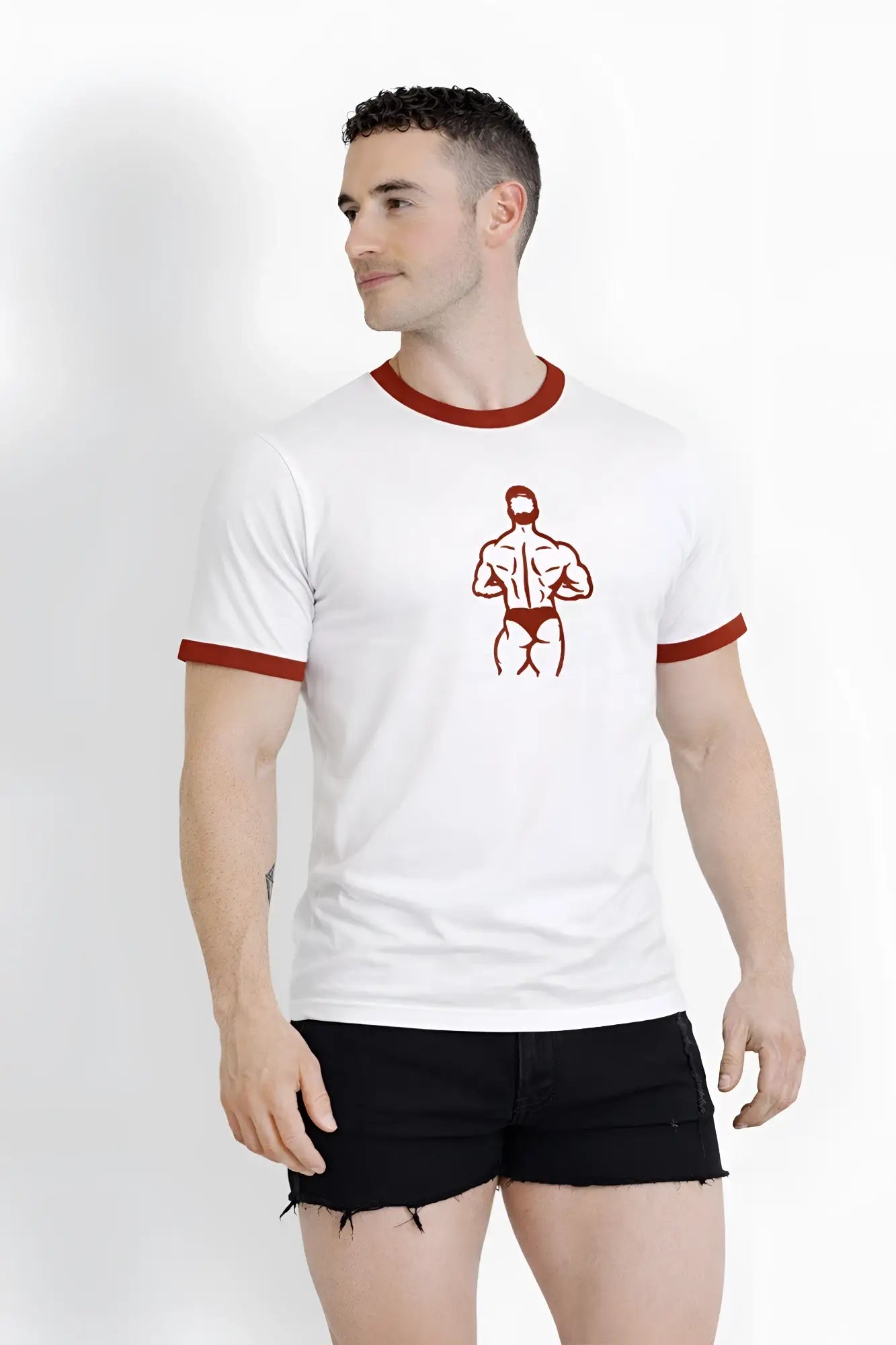 Field-day ringer tee white with red trim featuring minimalist red outline graphic of muscular figure in swim trunks