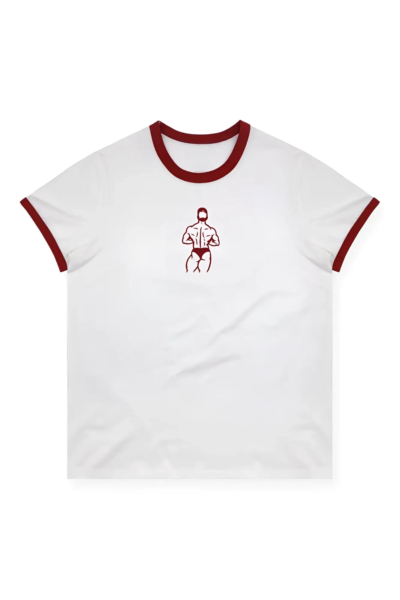 White field-day ringer tee with maroon trim featuring a minimalist red bodybuilder line drawing on the chest
