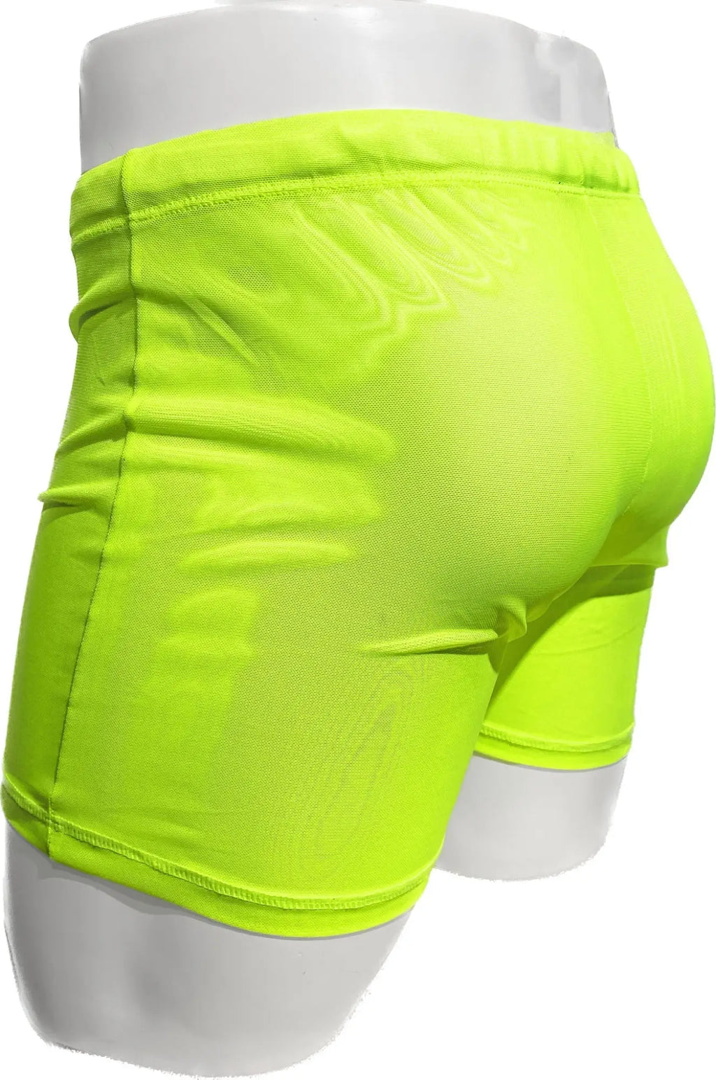 Neon green fine mesh short with snug fit and elastic waistband designed for athletic use
