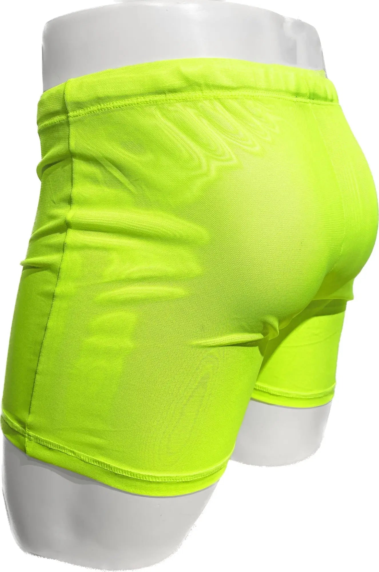 Neon green fine mesh short with snug fit and elastic waistband designed for athletic use