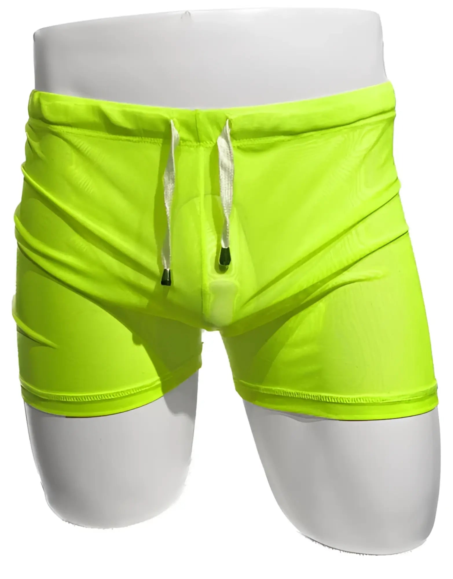 Neon green fine mesh short swim trunks with white drawstrings and black aglets for comfortable beachwear