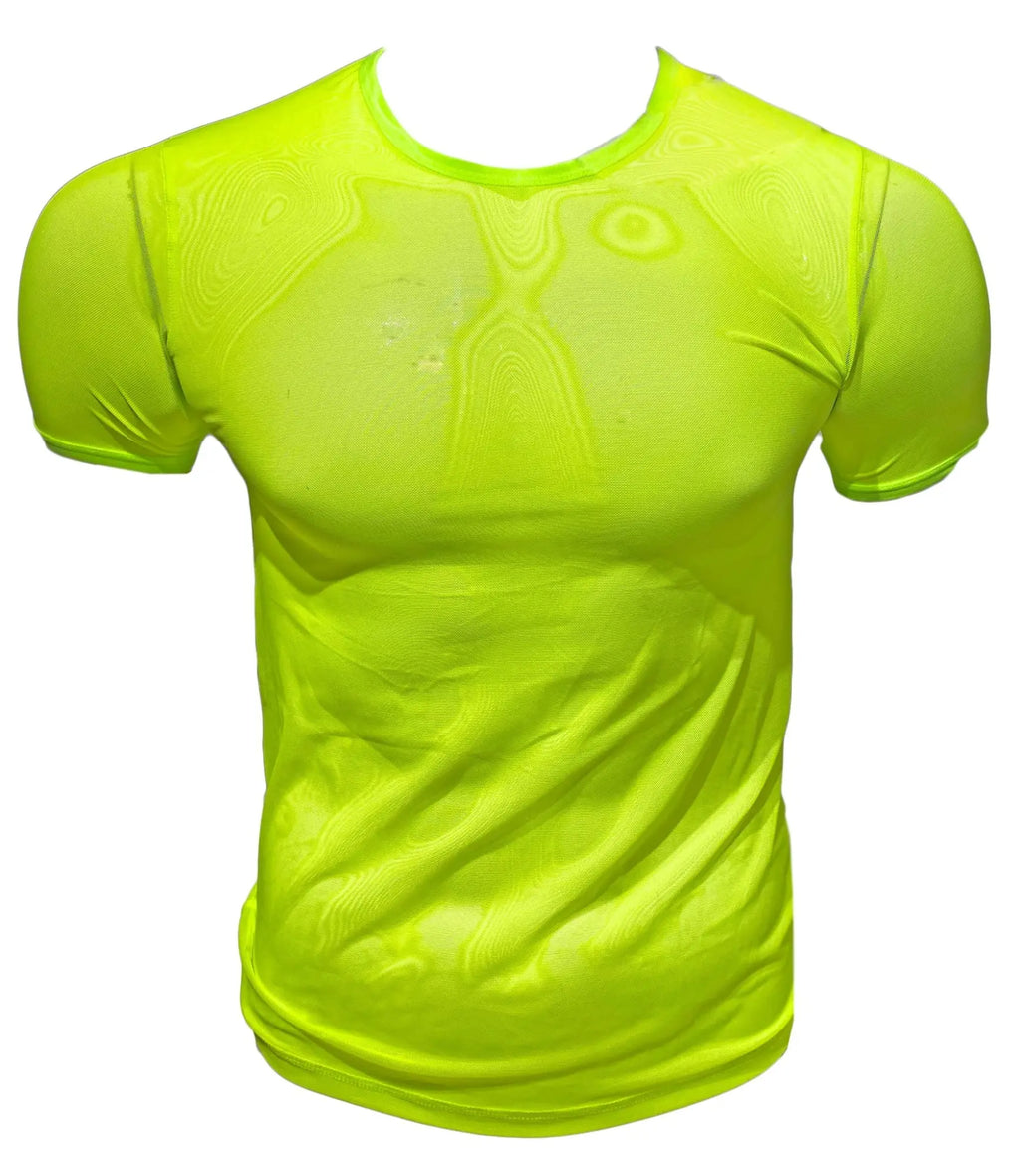 Bright neon yellow fine mesh tee moisture-wicking athletic shirt with subtle textured pattern for activewear use