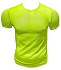 Bright neon yellow fine mesh tee moisture-wicking athletic shirt with subtle textured pattern for activewear use