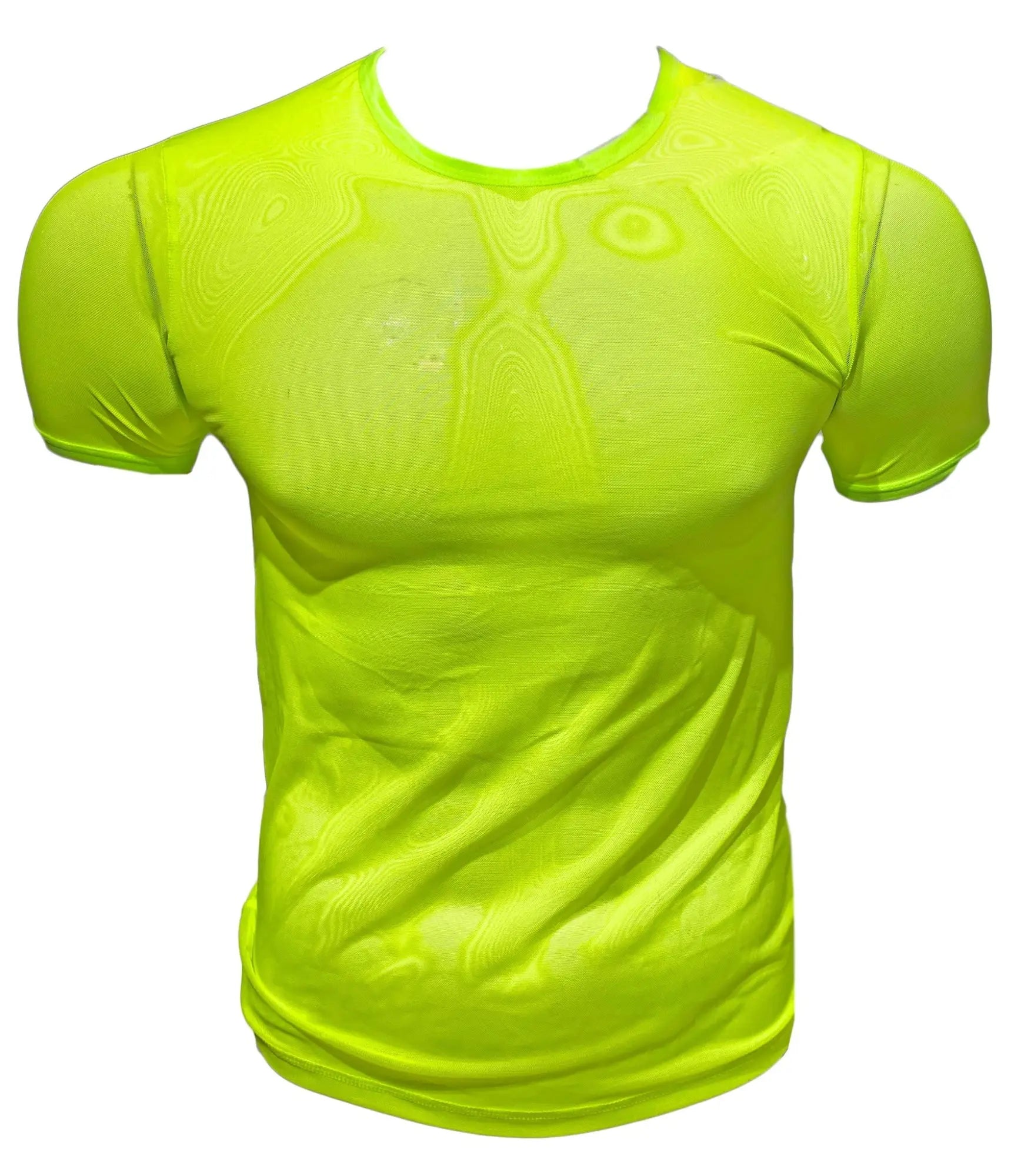 Bright neon yellow fine mesh tee moisture-wicking athletic shirt with subtle textured pattern for activewear use