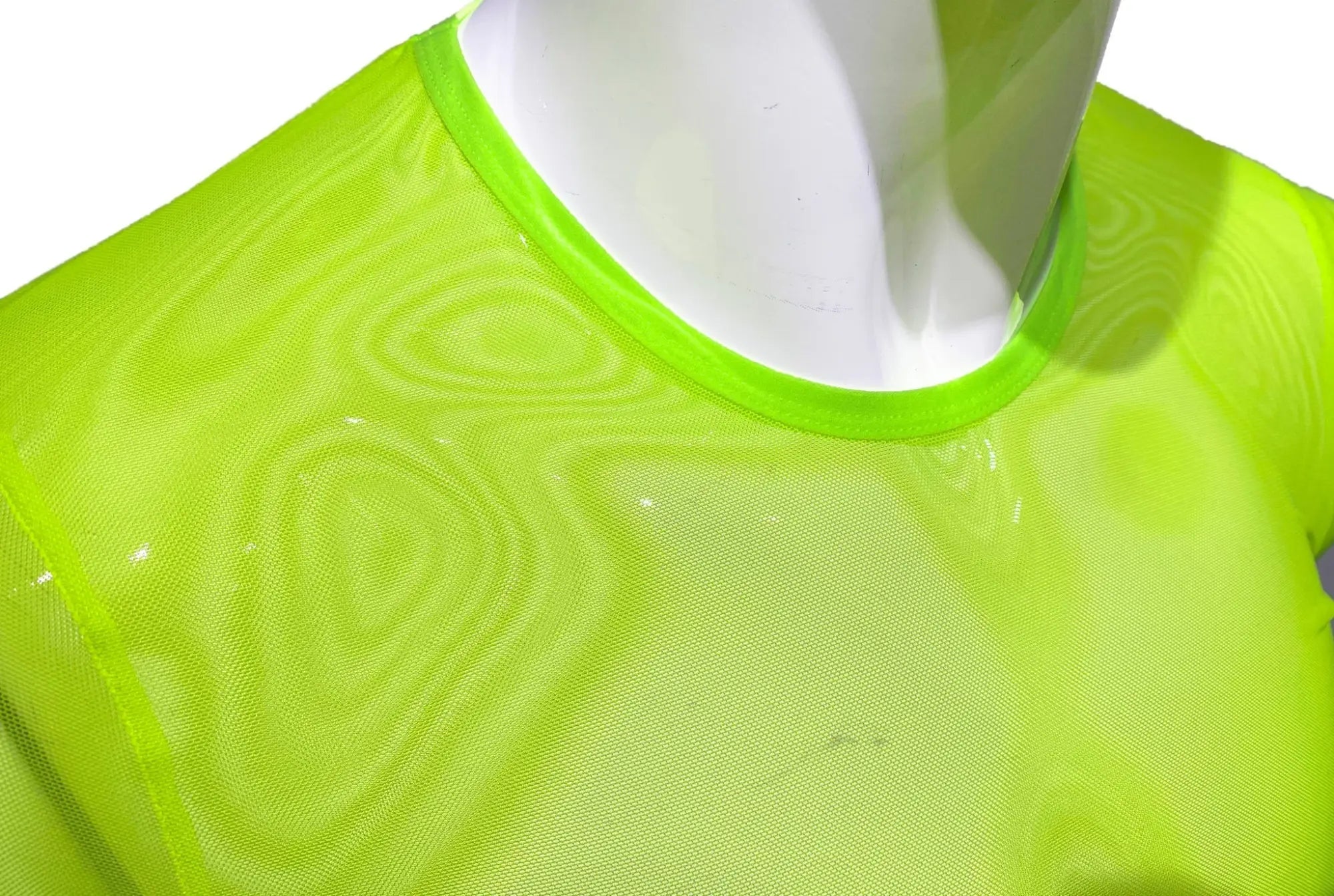 Neon green fine mesh tee with breathable mesh fabric and matching ribbed crew neck for athletic wear