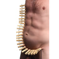 Firecracker clothespin body zipper featuring a curved row of light wooden clothespins strung with black thread waistband
