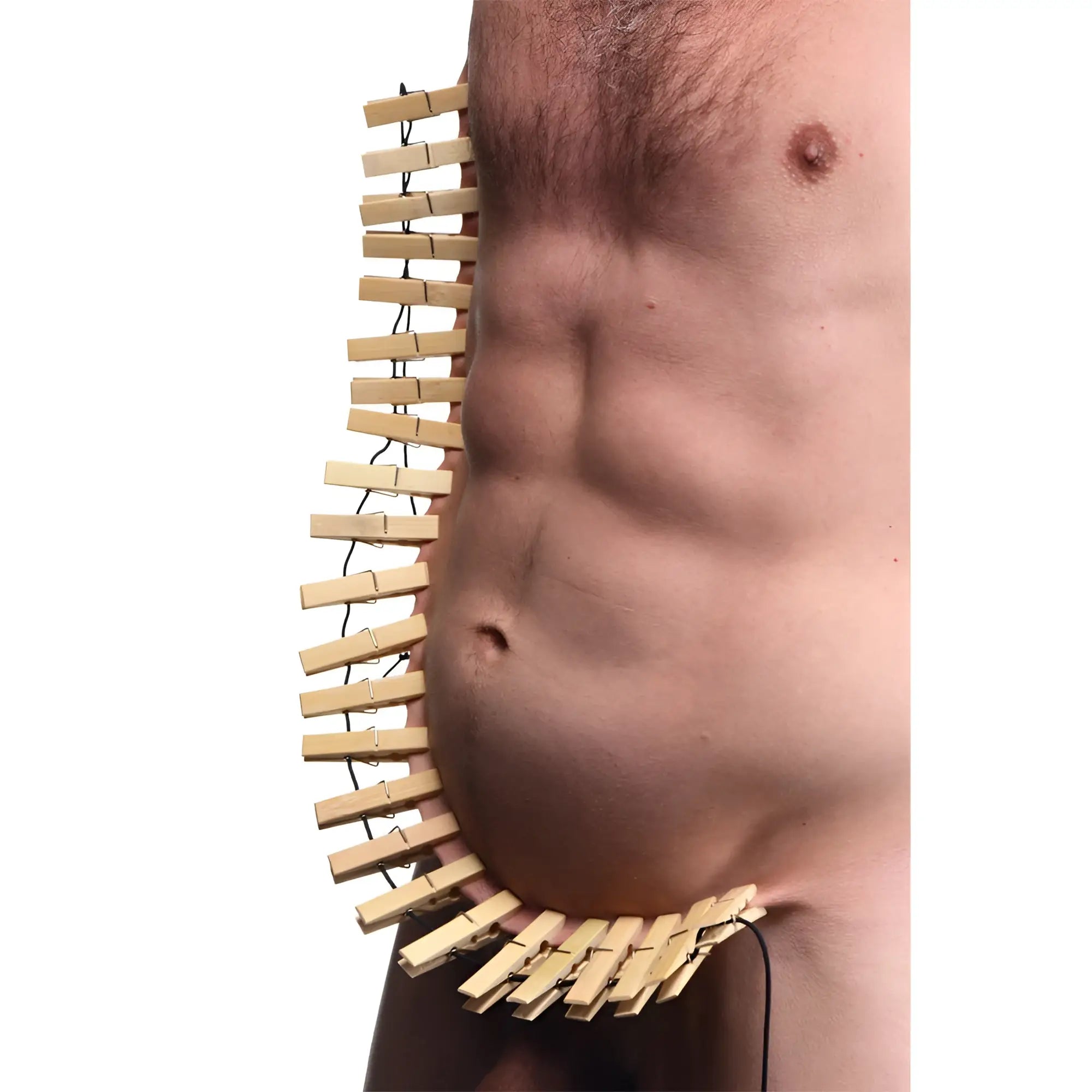 Firecracker clothespin body zipper featuring a curved row of light wooden clothespins strung with black thread waistband