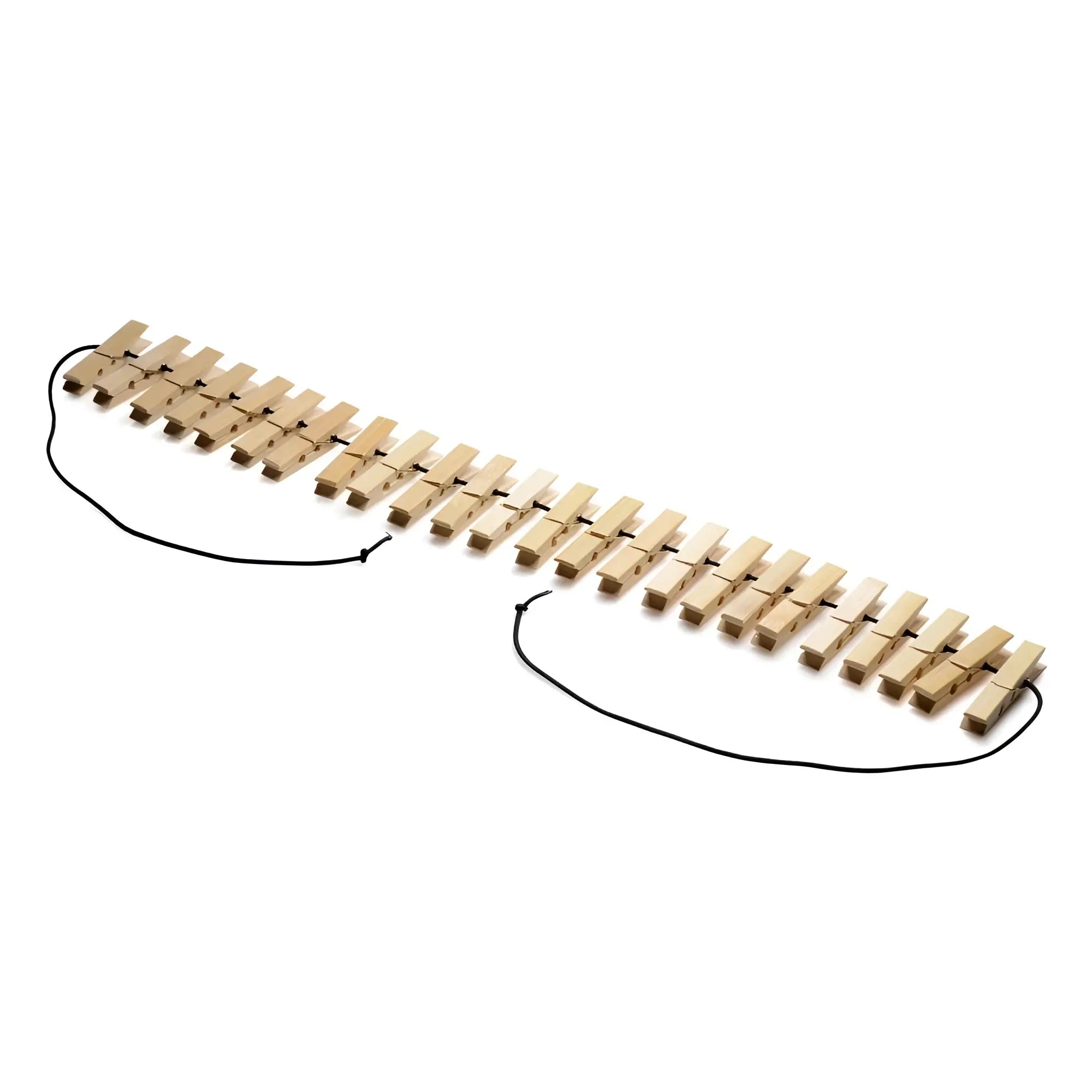 A string of light brown wooden firecracker clothespin body zippers linked by a black cord