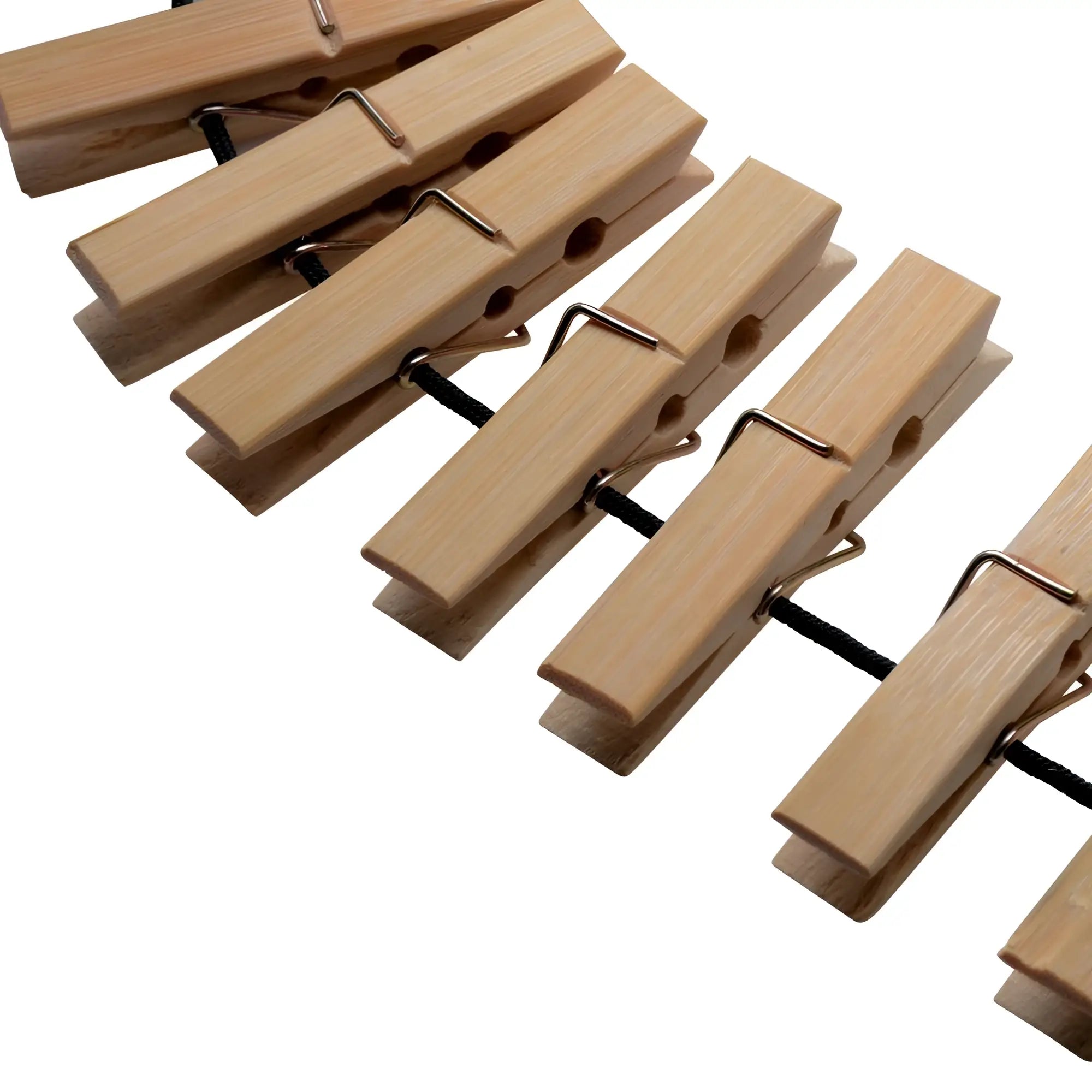 Light-colored wooden firecracker clothespin body zipper with metal springs and black string for secure fastening