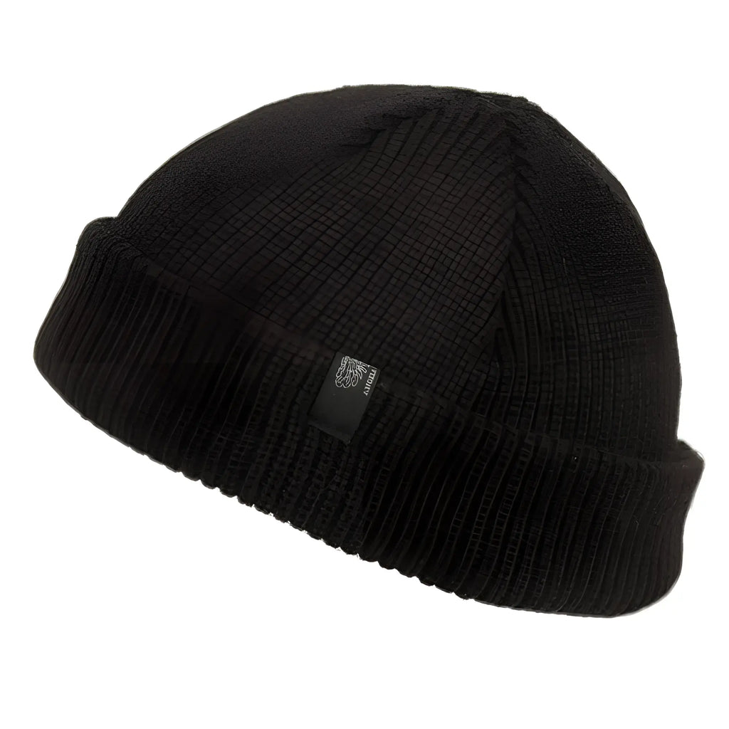 Black ribbed knit fisherman dock knit cuff beanie with folded cuff and small embroidered logo on the side