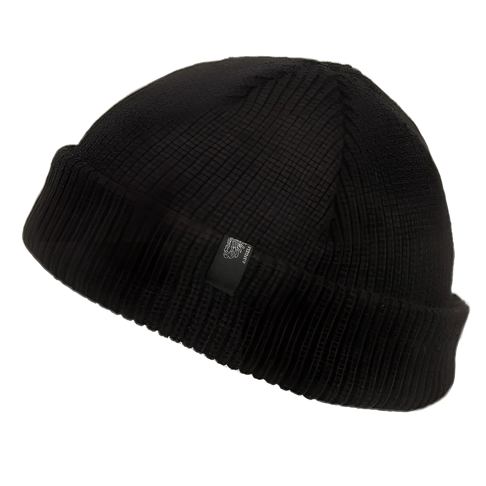 Black ribbed knit fisherman dock knit cuff beanie with folded cuff and small embroidered logo on the side