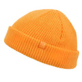 A vibrant orange fisherman dock knit cuff beanie in ribbed knit with a folded cuff and small fabric tag on the side