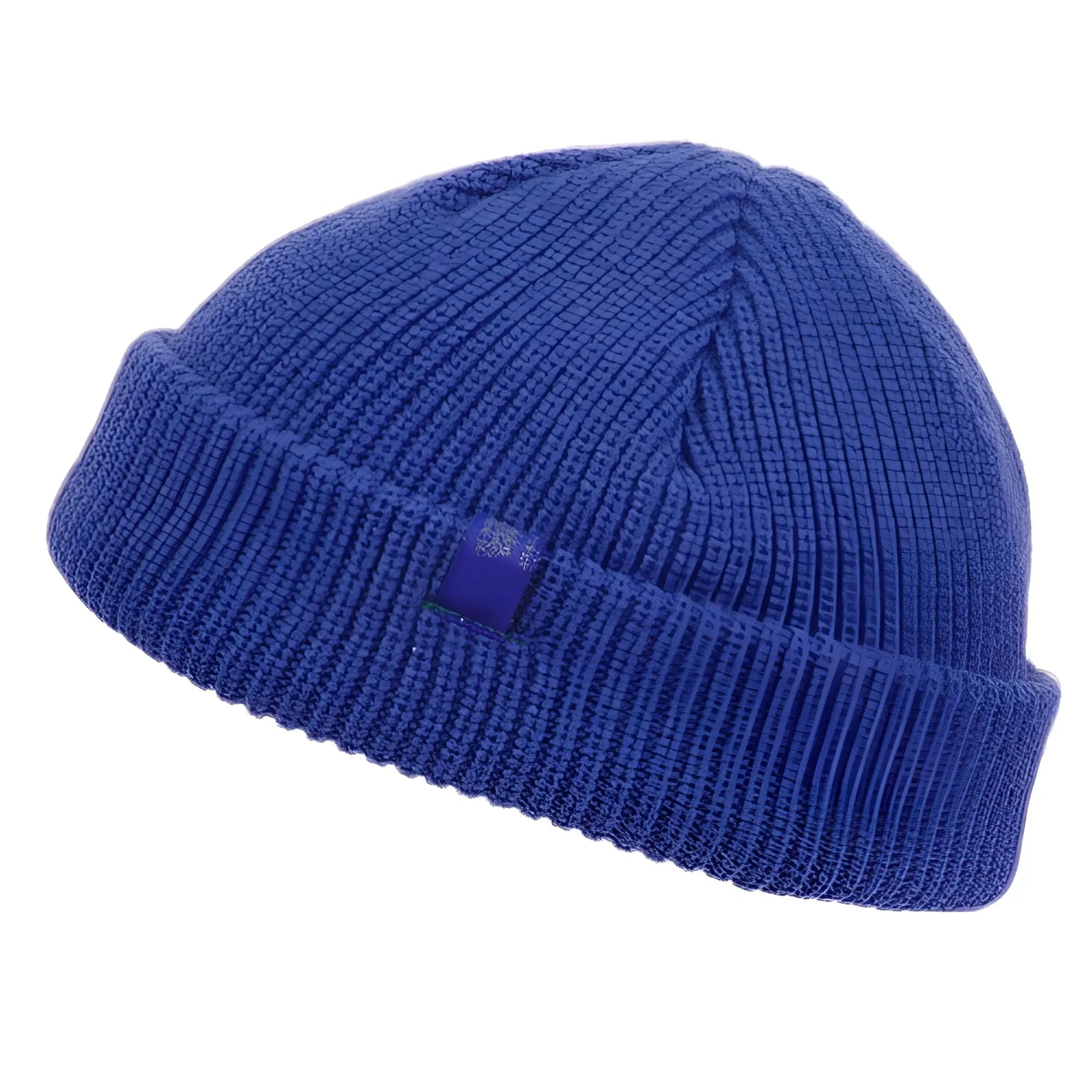 A vibrant royal blue fisherman dock knit cuff beanie made of ribbed knit with a folded cuff and matching square tag
