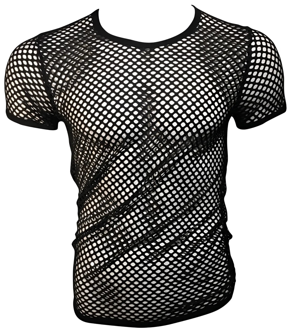 Black fishnet tee with short sleeves and round neckline featuring breathable mesh material for casual wear