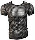 Black fishnet tee with short sleeves and round neckline featuring breathable mesh material for casual wear