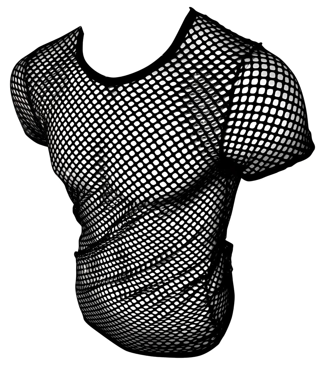Black fishnet tee with short sleeves and round neckline made of mesh fabric for casual wear