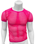 Bright pink fishnet tee short-sleeved mesh top with round neckline for casual wear
