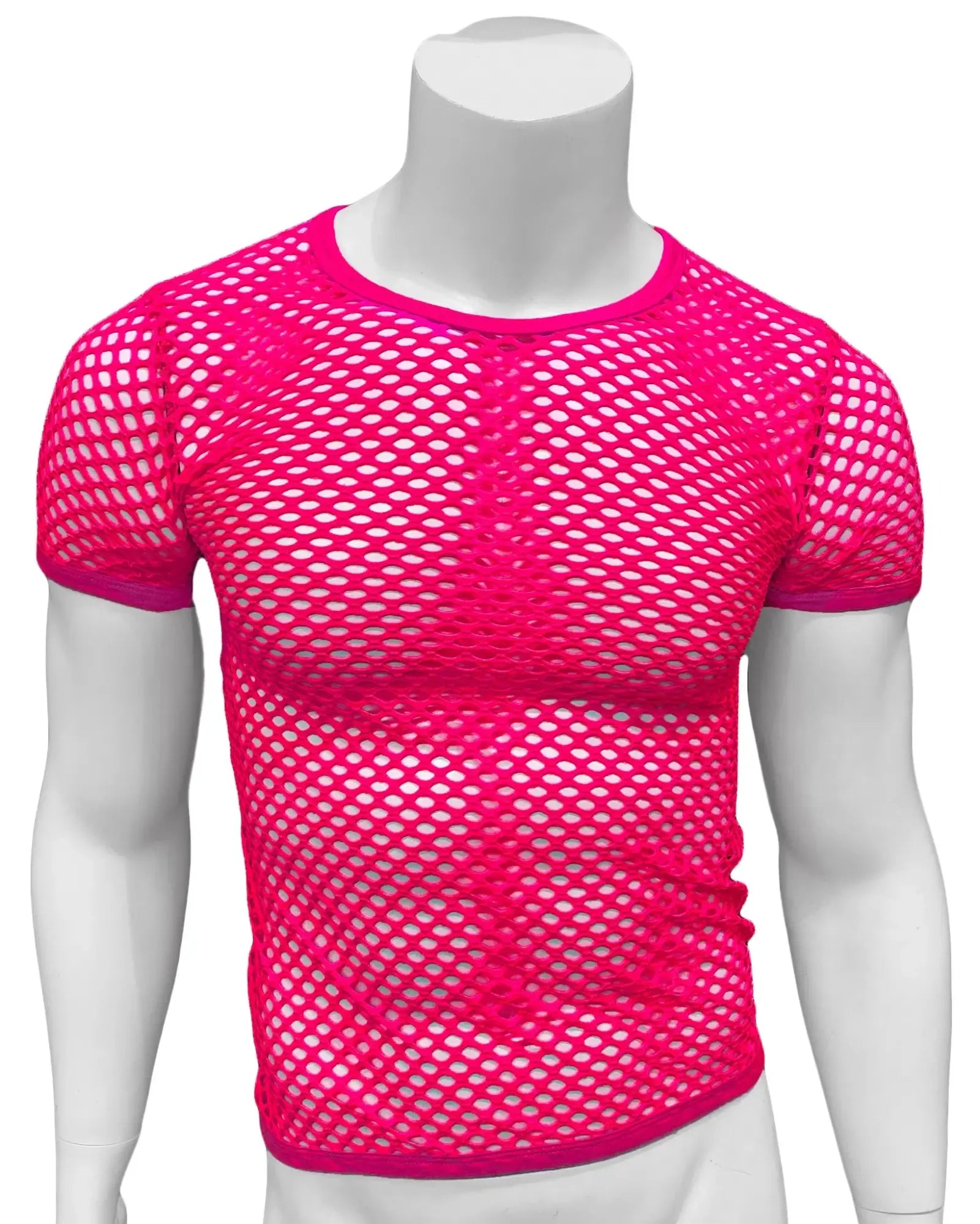 Bright pink fishnet tee short-sleeved mesh top with round neckline for casual wear