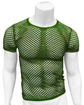 Green fishnet tee short-sleeved mesh top with round neckline and solid green trim