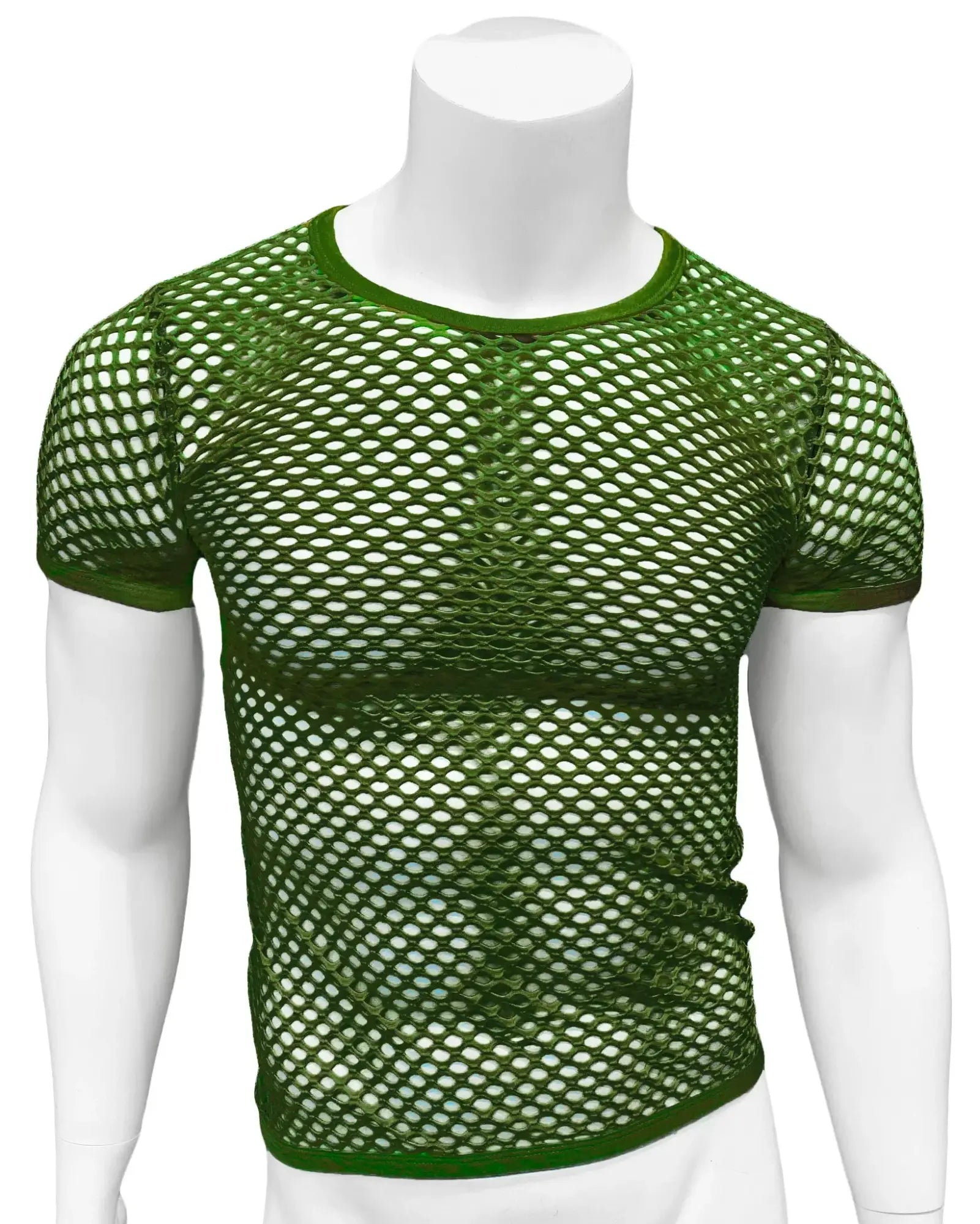 Green fishnet tee short-sleeved mesh top with round neckline and solid green trim