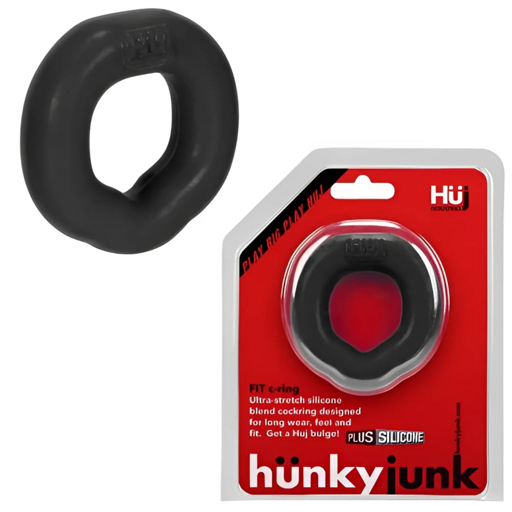 Black silicone fitness ring with smooth textured surface and hü brand embossed for long-wear comfort