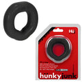 Black silicone fitness ring with smooth textured surface and hü brand embossed for long-wear comfort