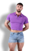 Purple fitted polo crop top with a small embroidered logo on the left chest for casual wear