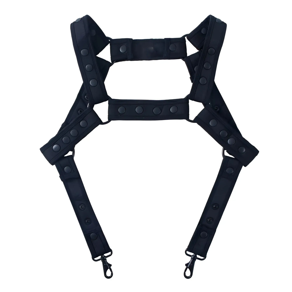 Black Fizx tactical harness with adjustable straps and metal clasps for secure fit and durability