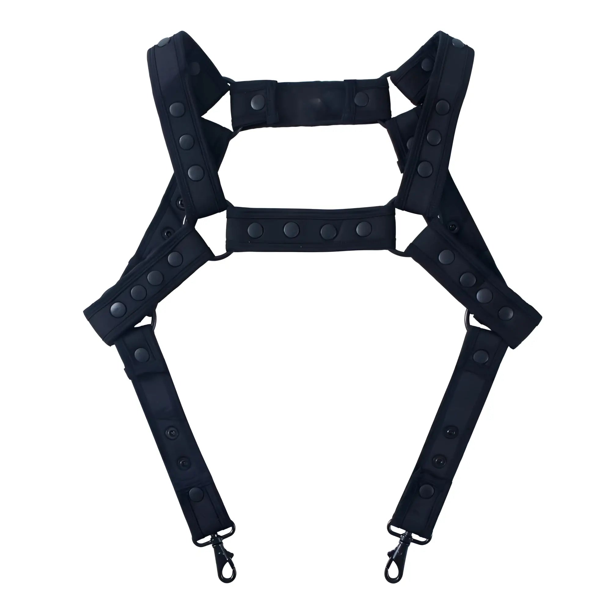Black Fizx tactical harness with adjustable straps and metal clasps for secure fit and durability