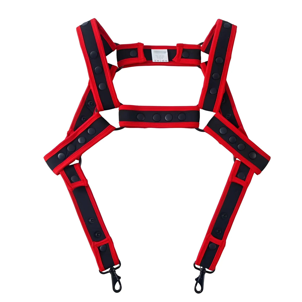 Red and black Fizx harness with reflective adjustable straps and metal hooks for safety and durability