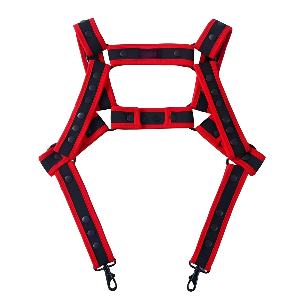 Red and black fizx harness safety harness with reflective straps and metal hooks for secure adjustment
