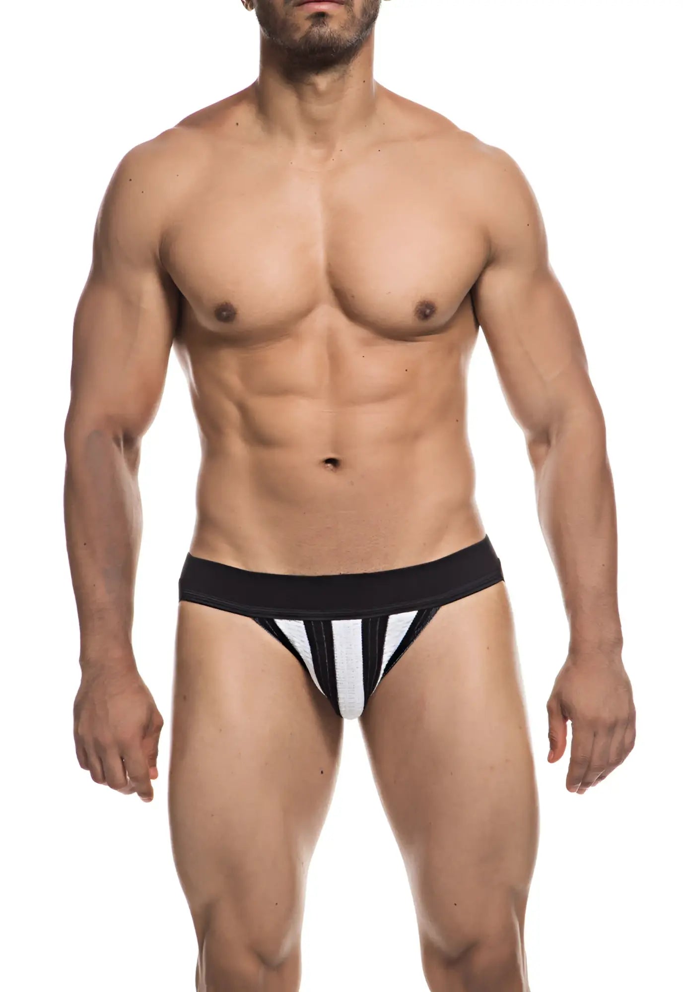 Black and white striped fizx james knit jockstrap briefs with a snug supportive fit for athletic use