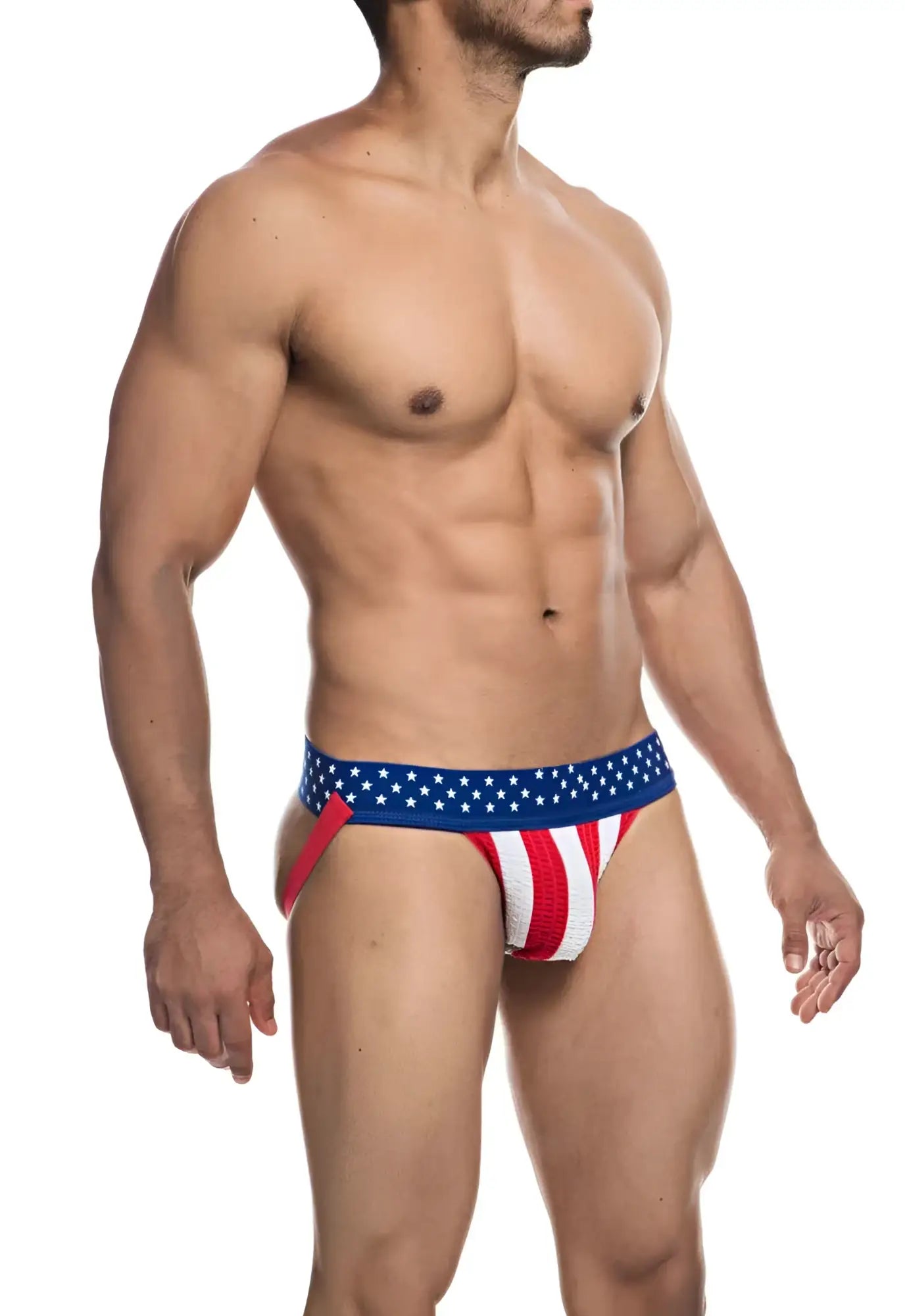 Fizx James knit jockstrap featuring american flag patterned red white and blue briefs with a stretchy elastic waistband