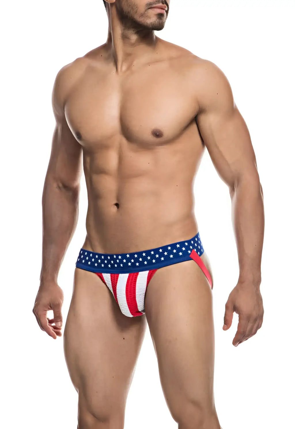 Fizx james knit jockstrap in red white and blue with star-patterned waistband and american flag design men’s briefs