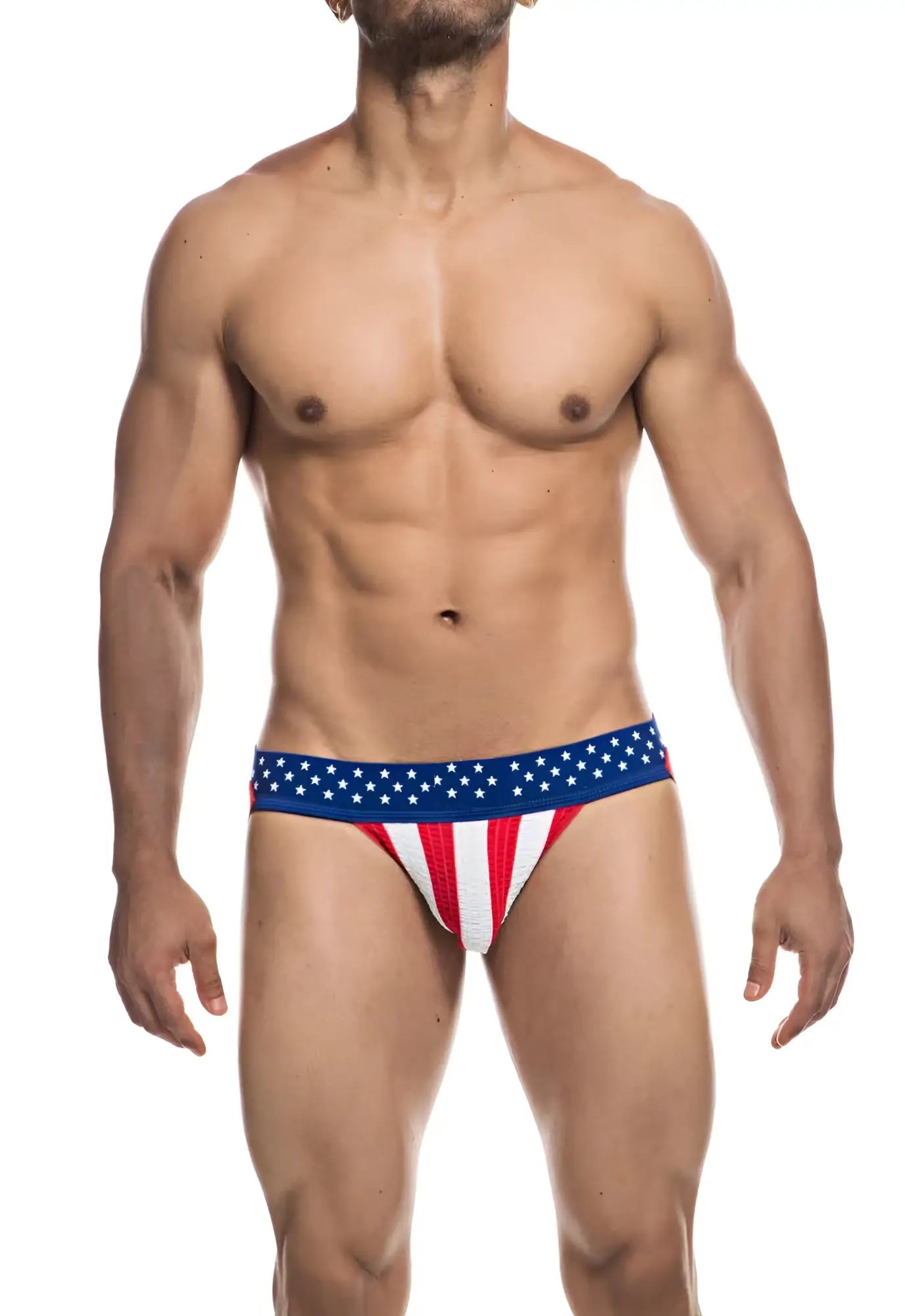 Fizx james knit jockstrap featuring red white and blue american flag-themed briefs with striped pattern and starry waistband