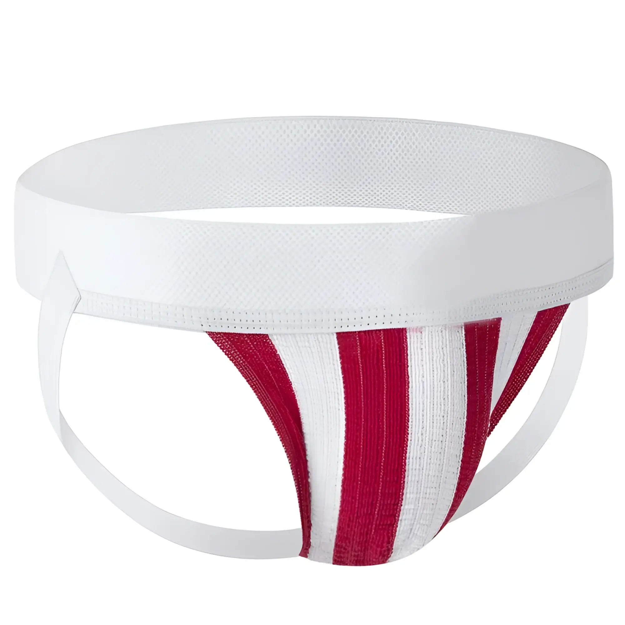 Fizx james knit jockstrap in red and white striped knit fabric with a wide white waistband for athletic use