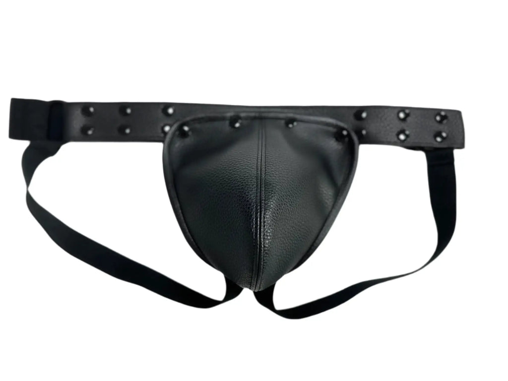 Black leather thong with silver studs along the waistband Fizx jockstrap with removable pouch front view